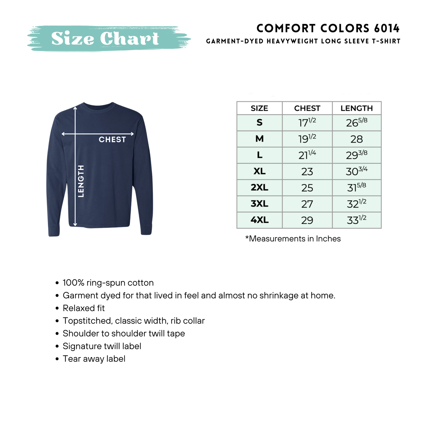 Size chart for Comfort Colors 6014 long-sleeve t-shirt with dimensions and specifications. Written size chart table is viewable on Size Chart page on website.