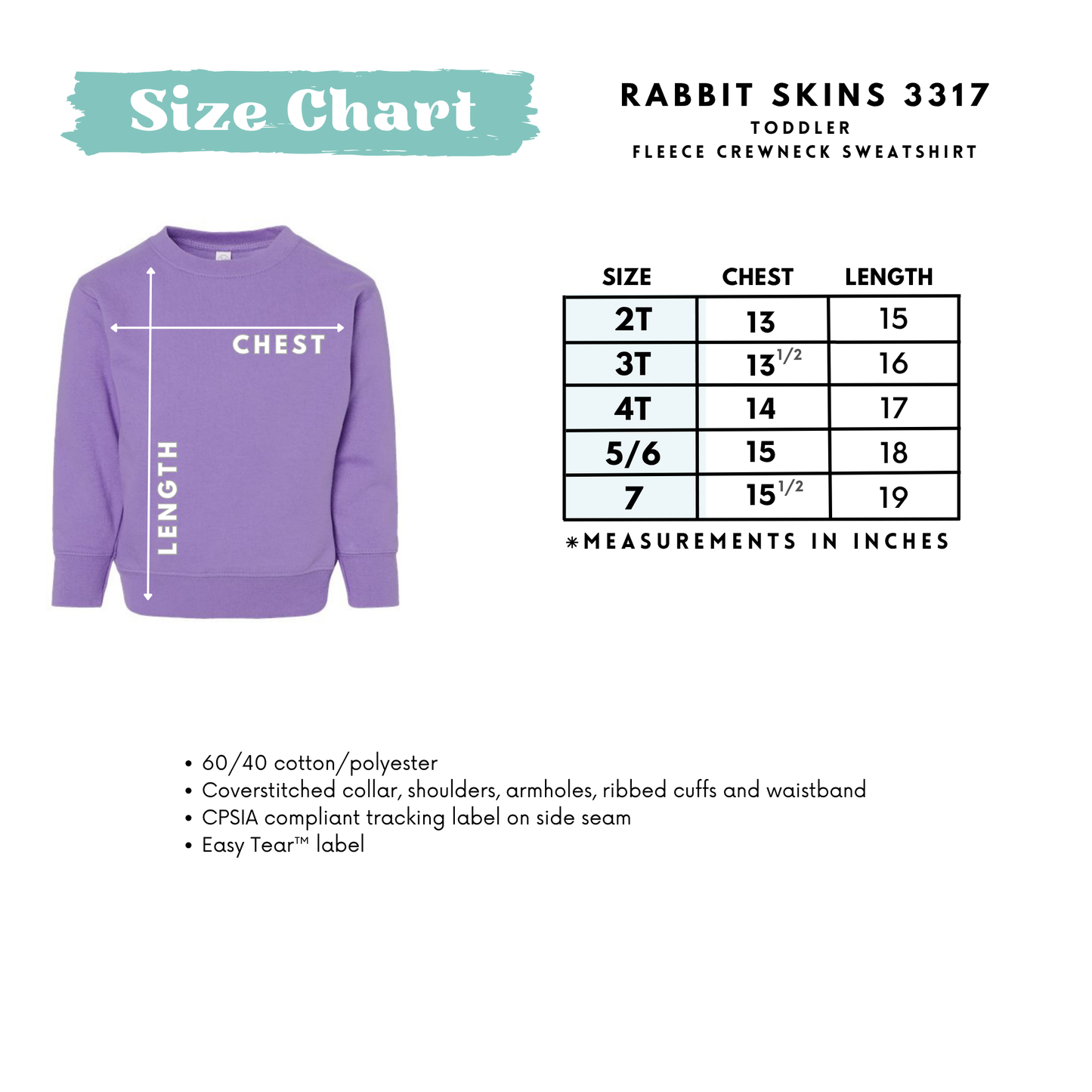 Size chart for a toddler fleece crewneck sweatshirt with a purple sweatshirt on a white background.