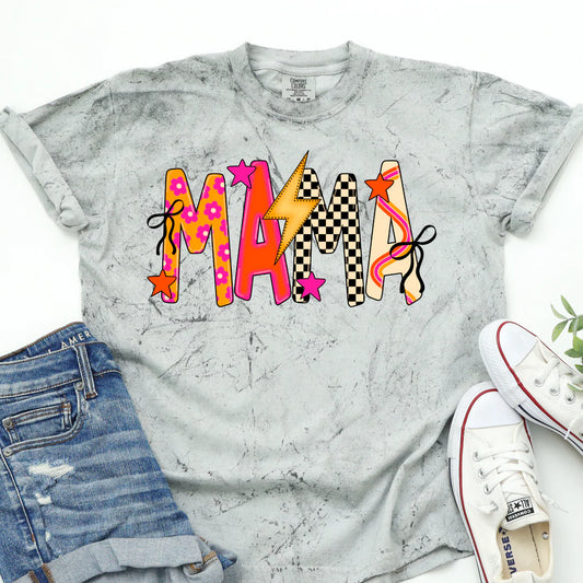 Gray and white marbled t-shirt with colorful 'MAMA' design, paired with denim shorts and white sneakers on a white background.