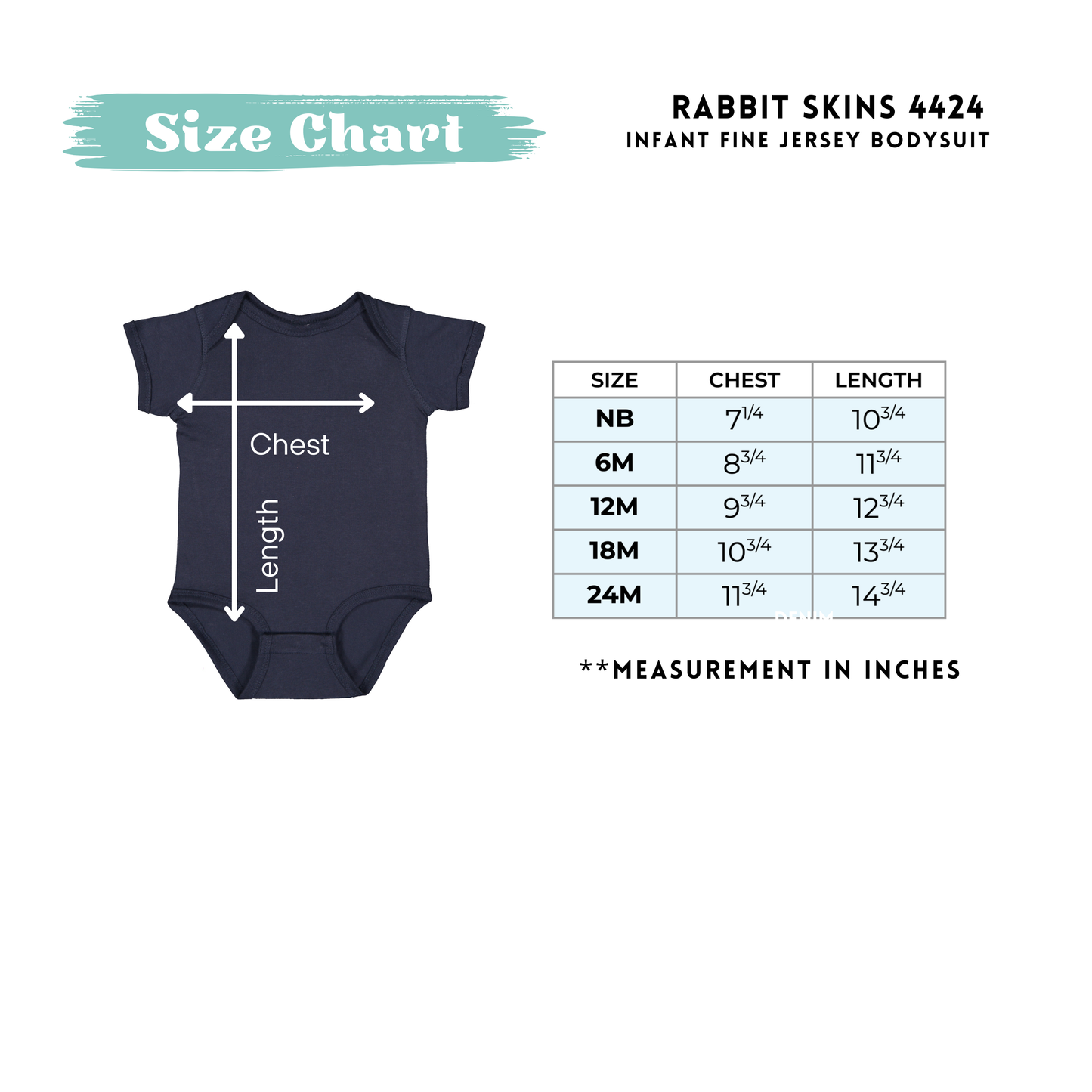 Size chart for Rabbit Skins infant fine jersey bodysuit with measurements in inches.