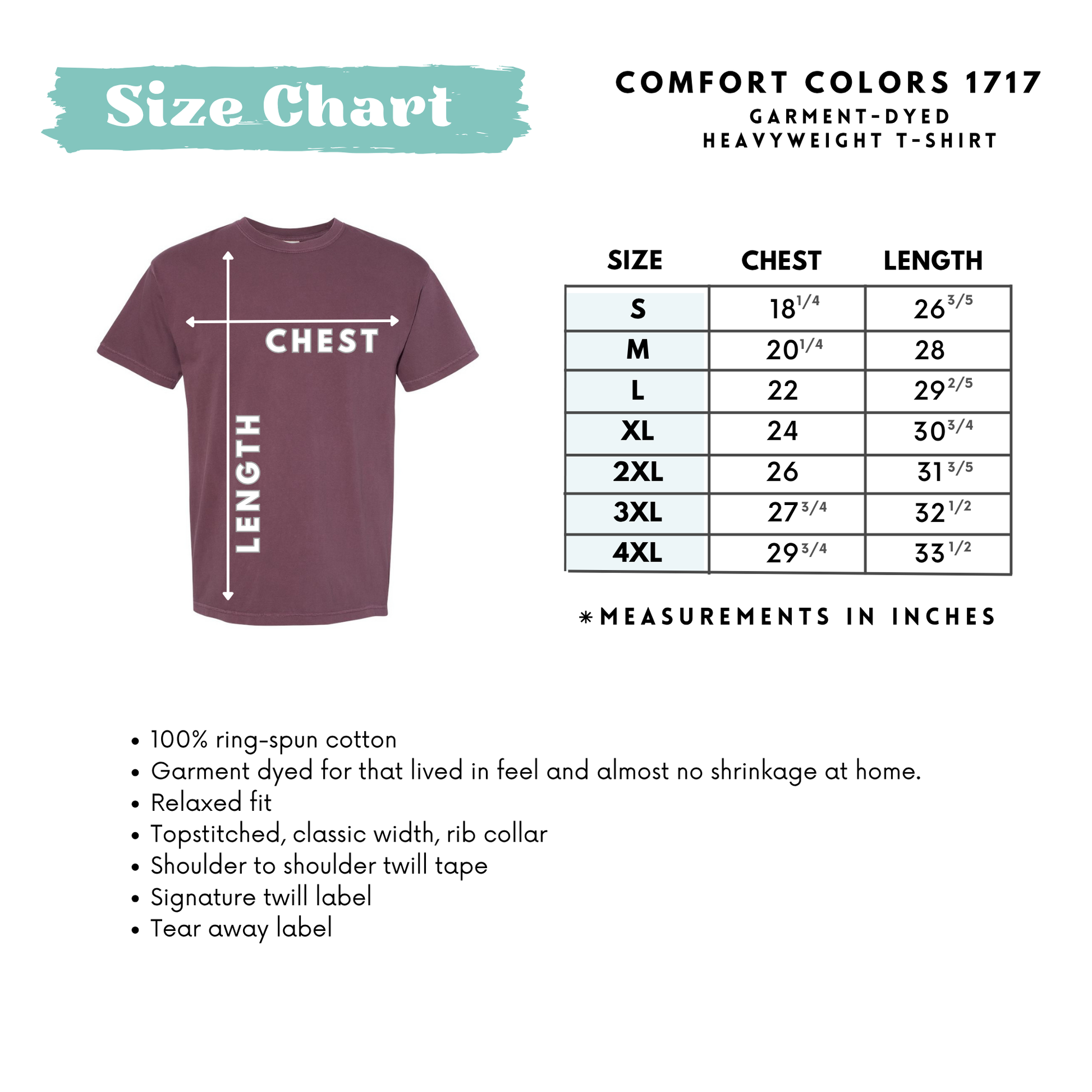Size chart for Comfort Colors 1717 garment-dyed heavyweight t-shirt with a maroon t-shirt illustration.