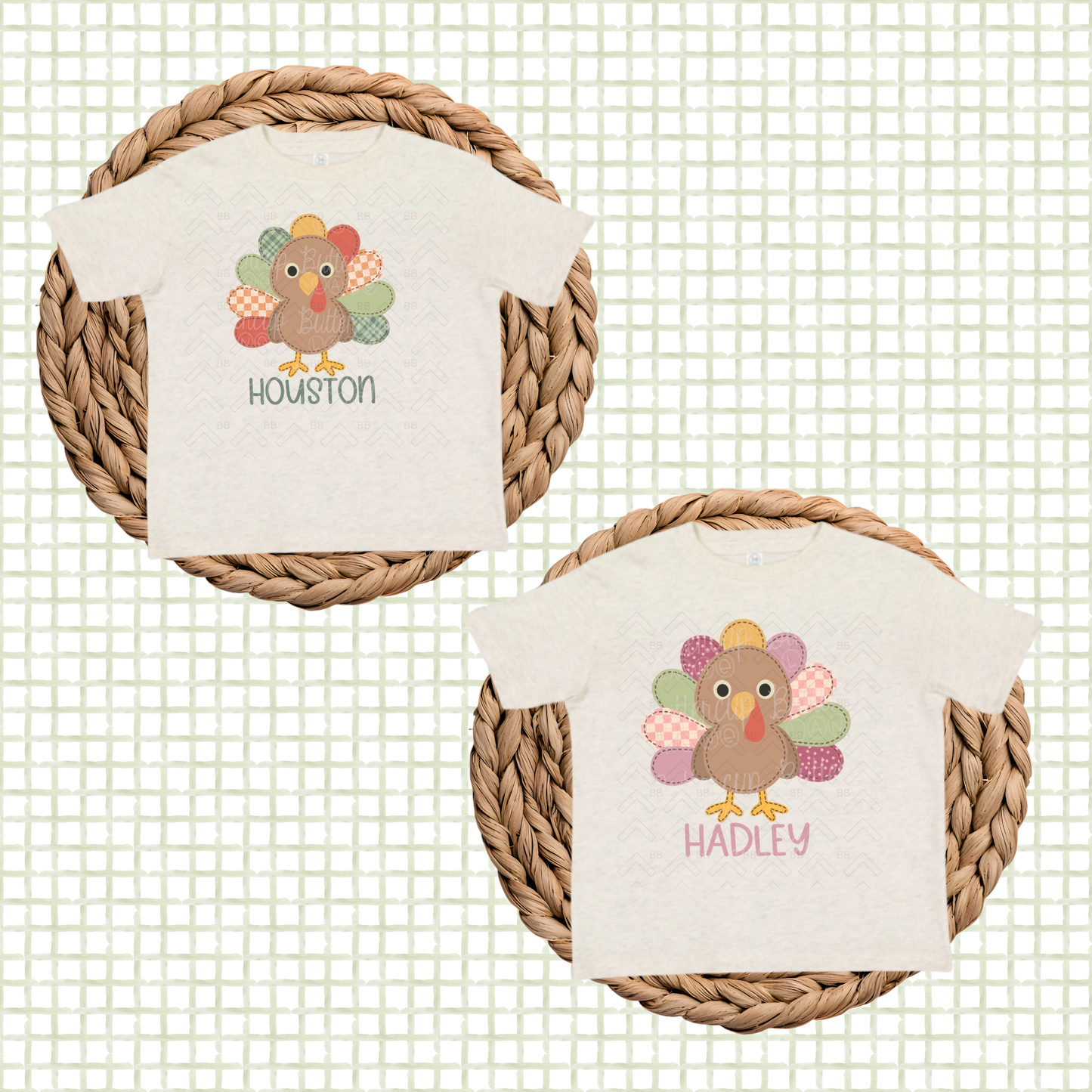 Two kids shirts with turkey designs and names 'Houston' and 'Hadley' on a textured surface.