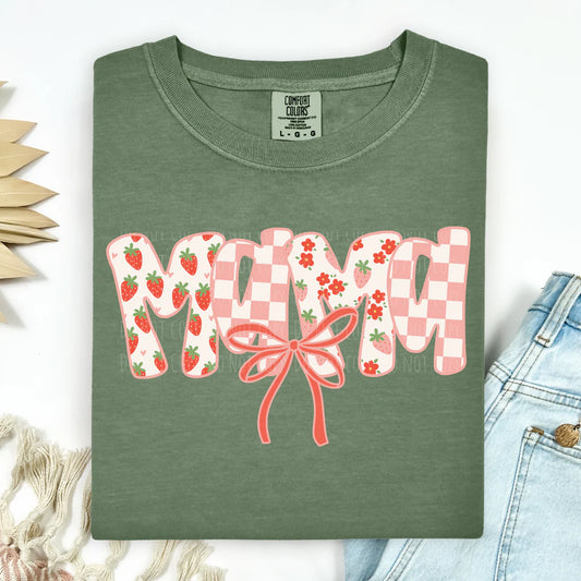 Green t-shirt with 'MAMA' design featuring strawberries and a bow on a white background.