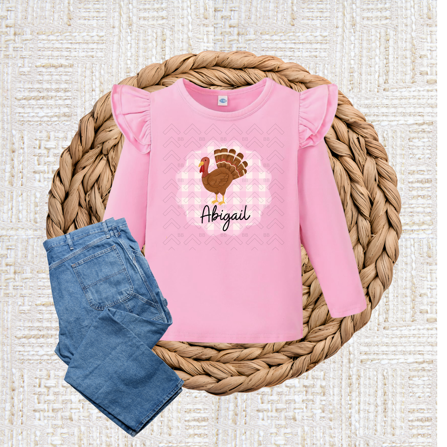 Pink Gingham Turkey - Thanksgiving Kids Tee