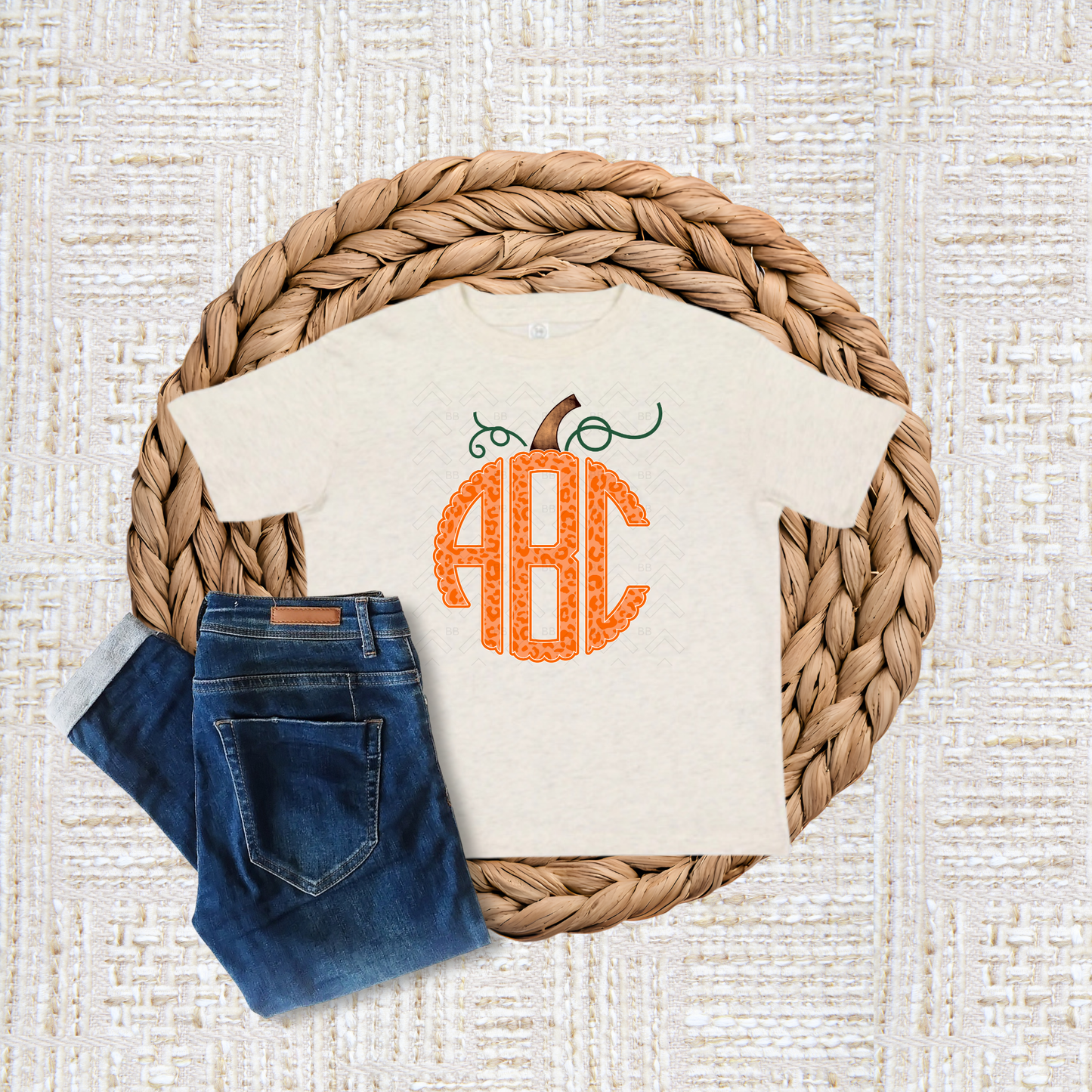 Leopard Print Pumpkin Monogram - Fall Kids Tee