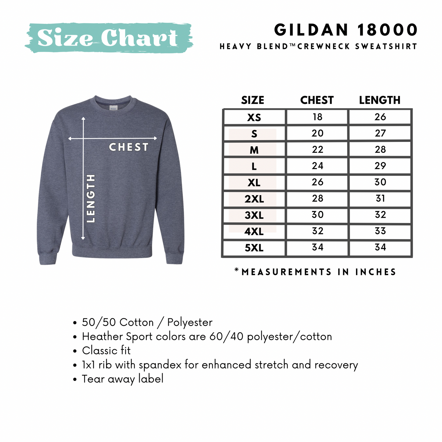 Gildan 18000 size chart for heavy blend crewneck sweatshirt with a gray sweatshirt on a white background.