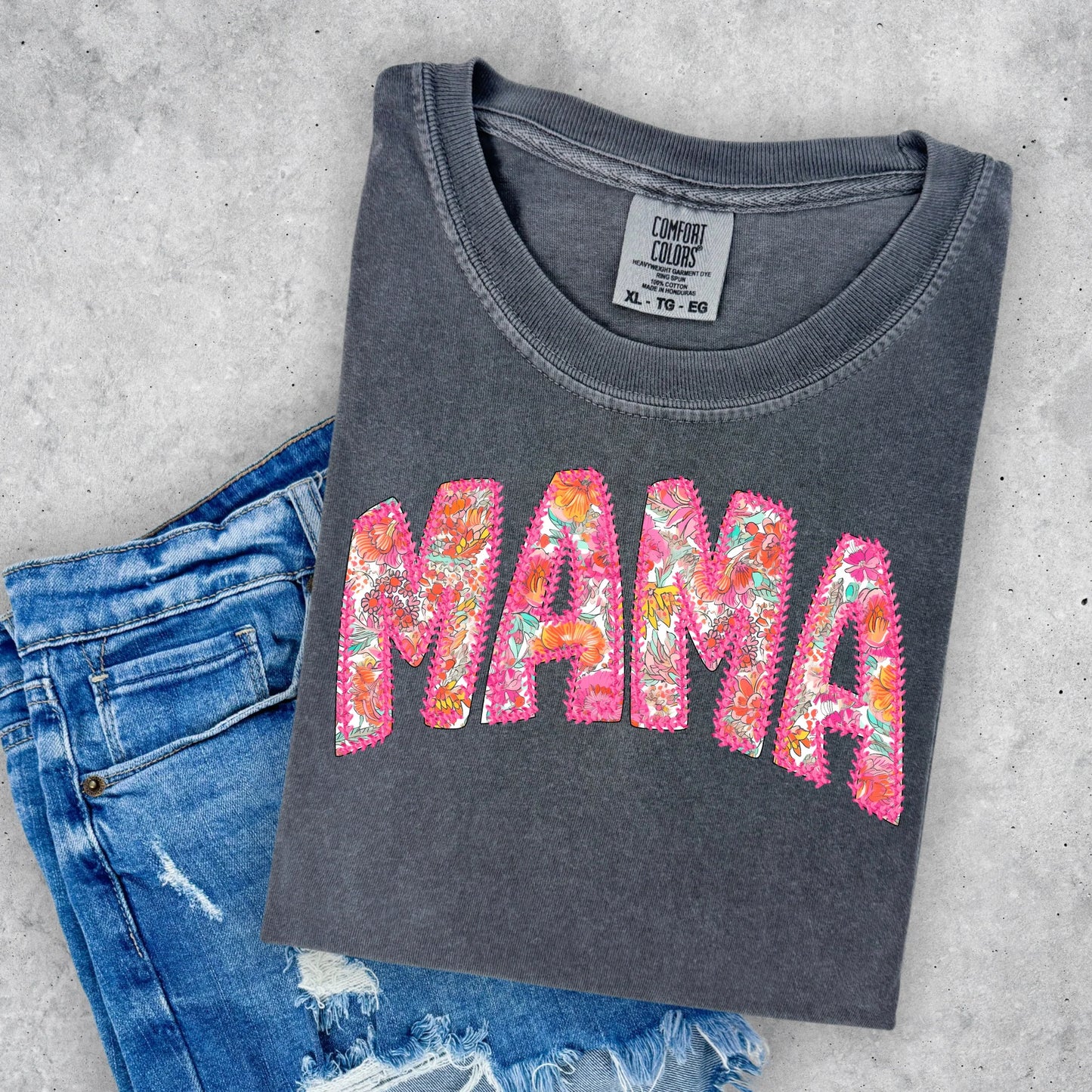 Pink Faux Embroidered - MAMA Tee
