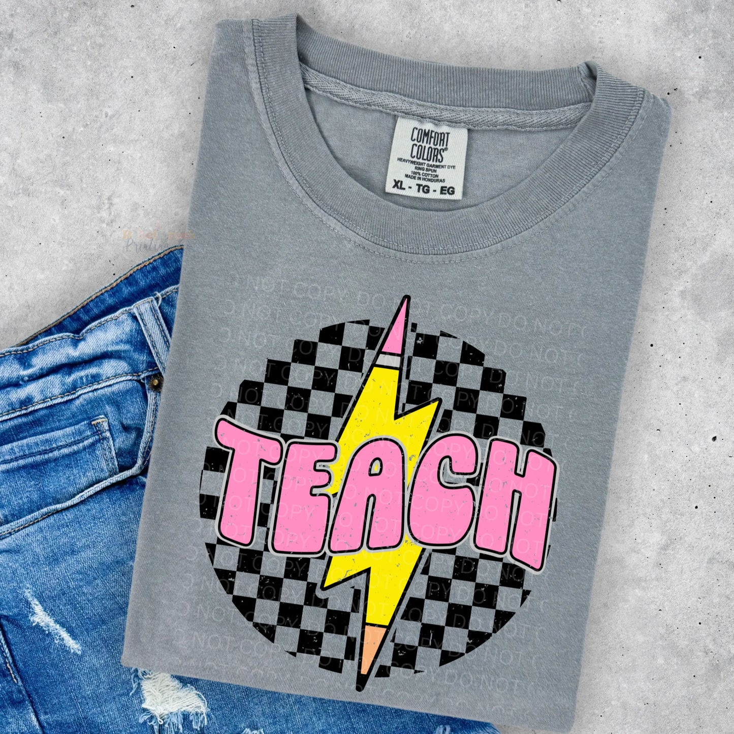 Pink Teach Pencil Checkered - Teacher Tee