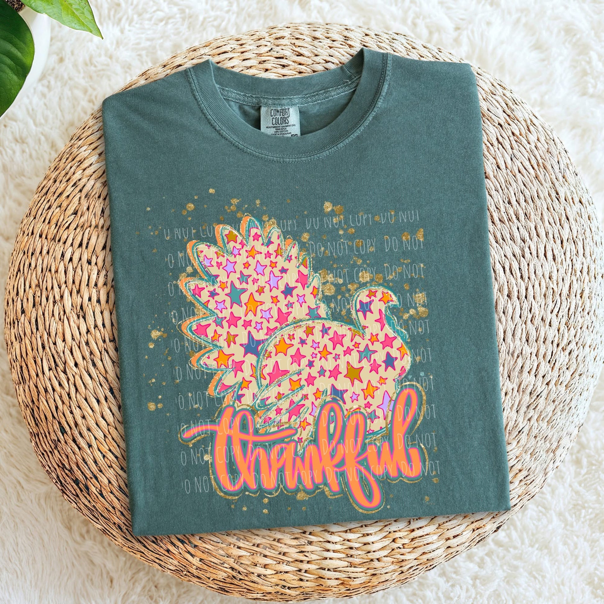 Teal t-shirt with colorful turkey design and 'thankful' text on a woven mat.
