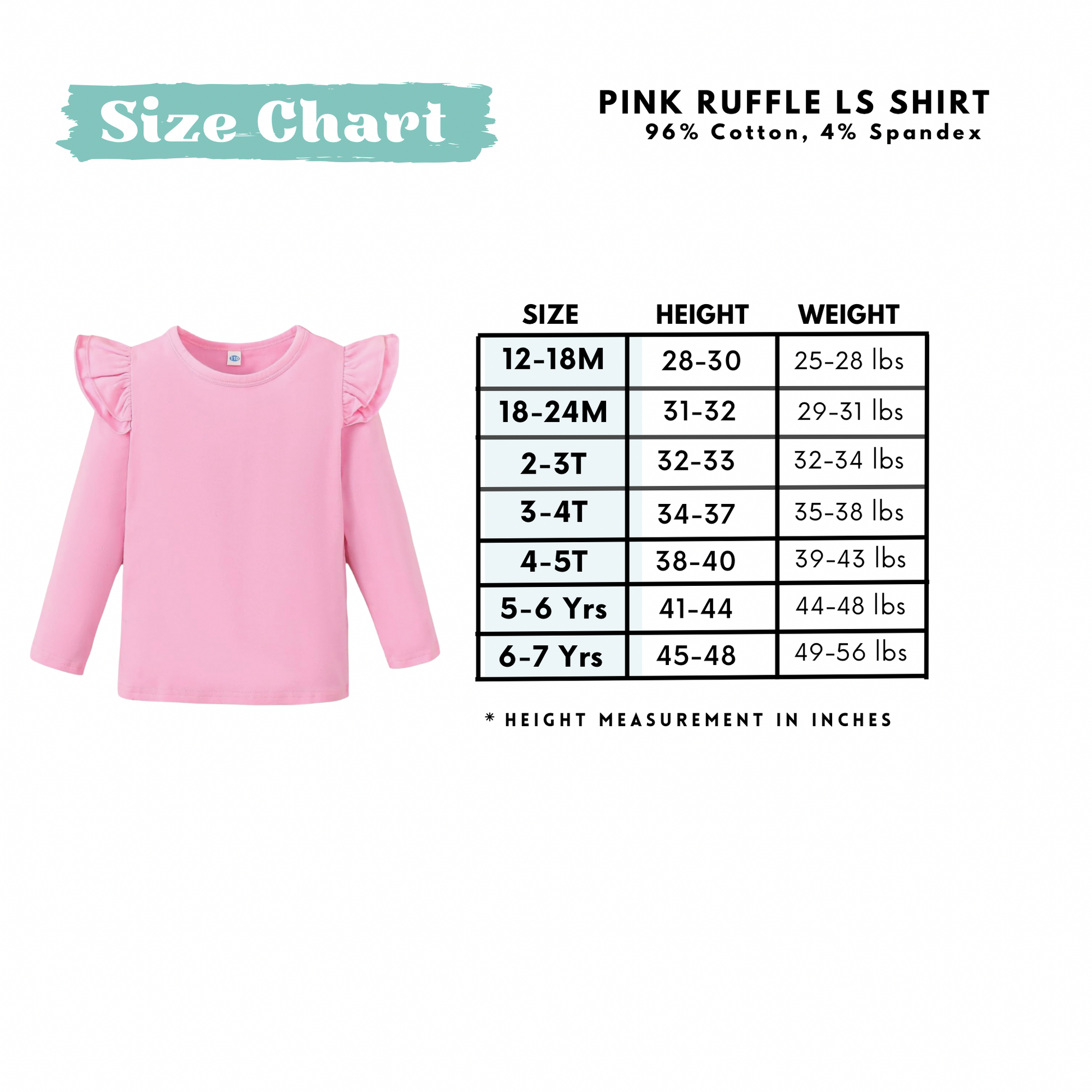 Pink ruffle long-sleeve shirt with size chart on a white background