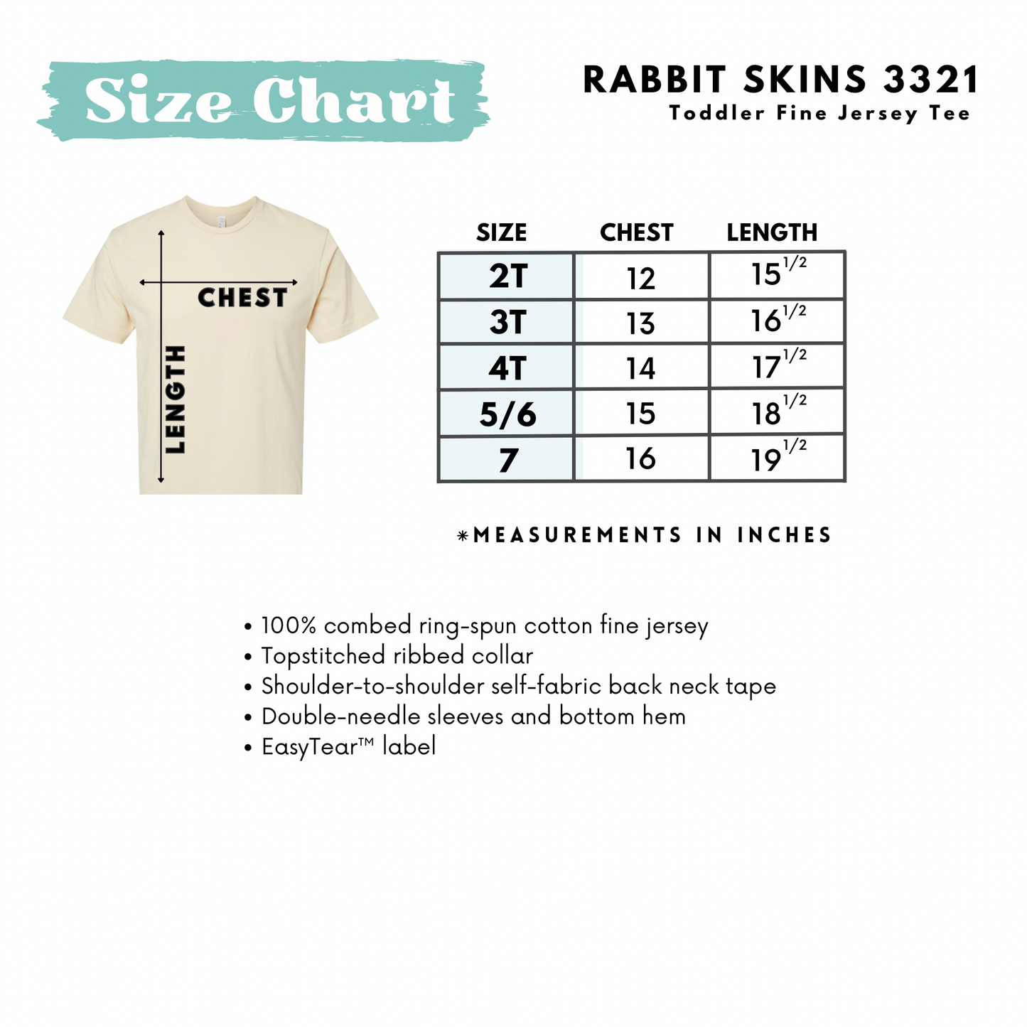Size chart for Rabbit Skins toddler t-shirt with measurements and product details.